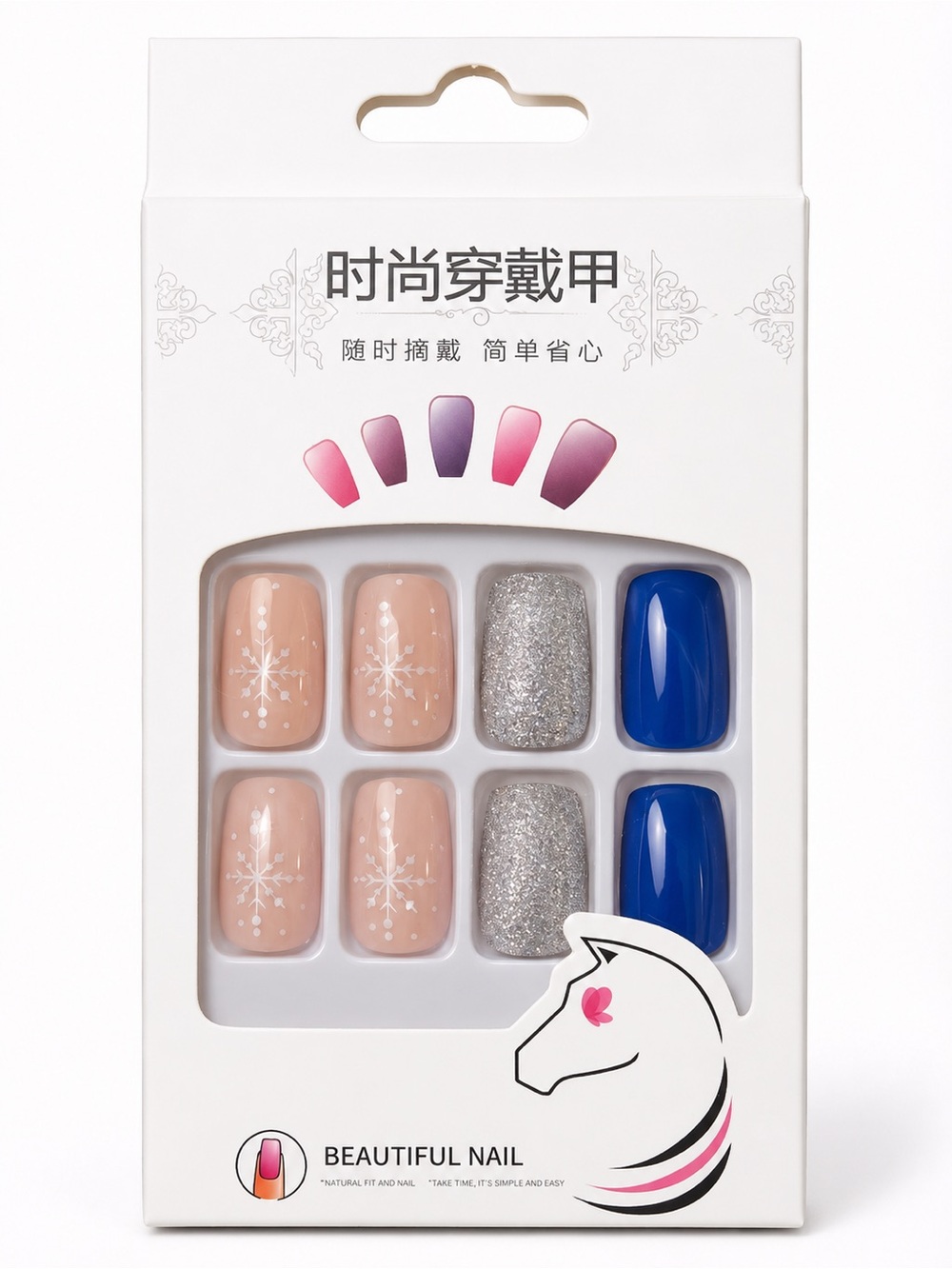 Blue Silver Glitter Snowflake Press On Nails Winter Nail Set